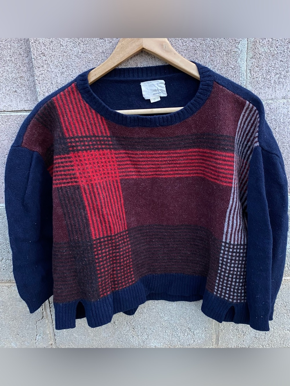 Band Of Outsiders Felted Merino Wool Plaid Intarsia Knit Sweater Size 2 Medium